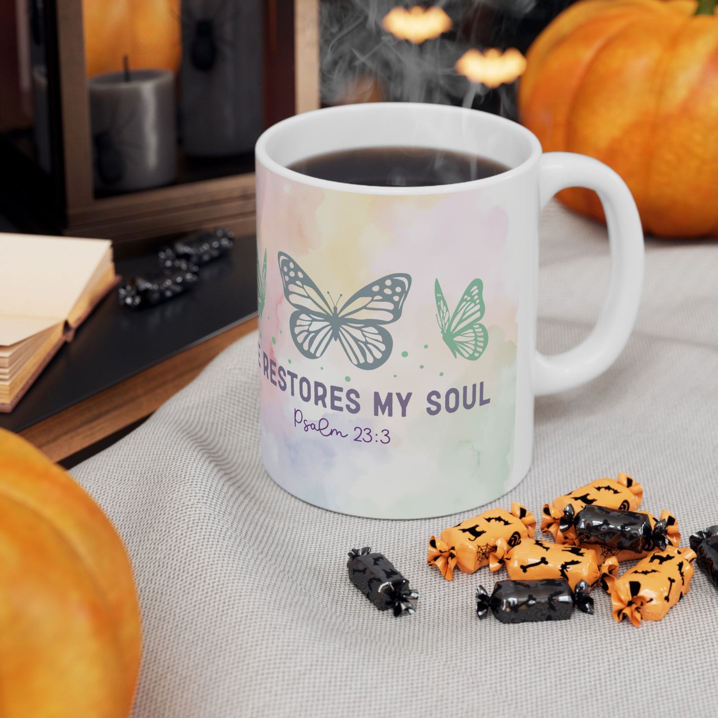 Inspirational Butterfly Ceramic Mug — "He Restores My Soul" Psalm 23:3 (11oz)