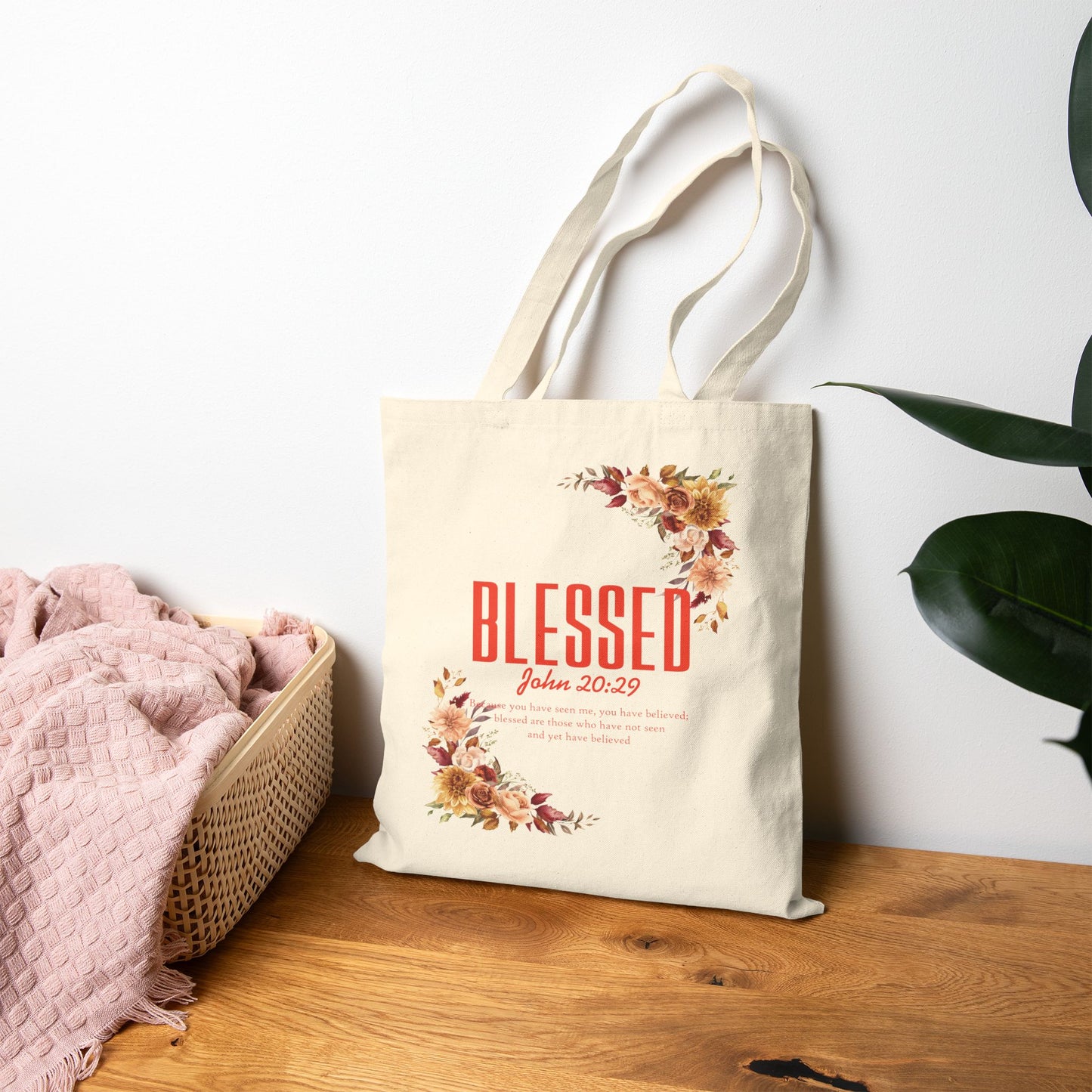 Blessed Floral Tote — 'Blessed' John 20:29 Canvas Tote Bag