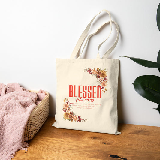 Blessed Floral Tote — 'Blessed' John 20:29 Canvas Tote Bag