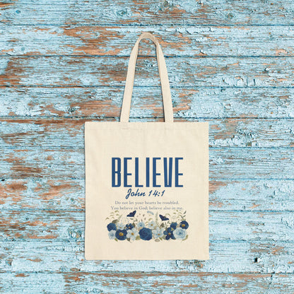 Believe John 14:1 Floral Cotton Tote Bag — Faith-Inspired Scripture Shopper