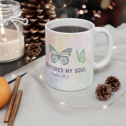 Inspirational Butterfly Ceramic Mug — "He Restores My Soul" Psalm 23:3 (11oz)