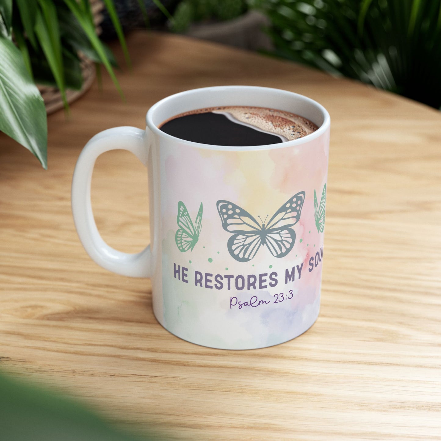 Inspirational Butterfly Ceramic Mug — "He Restores My Soul" Psalm 23:3 (11oz)