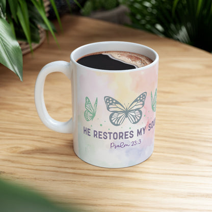 Inspirational Butterfly Ceramic Mug — "He Restores My Soul" Psalm 23:3 (11oz)
