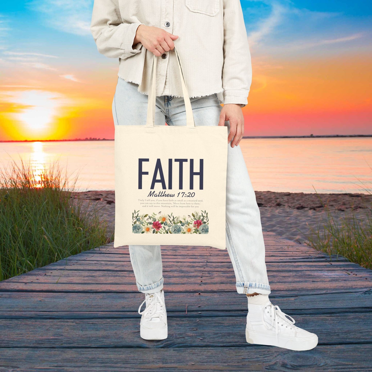 Faith Tote Bag — Matthew 17:20 Floral Canvas Grocery & Gift Tote