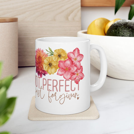 Not Perfect, Just Forgiven Floral Ceramic Mug — Faith-Based 11oz