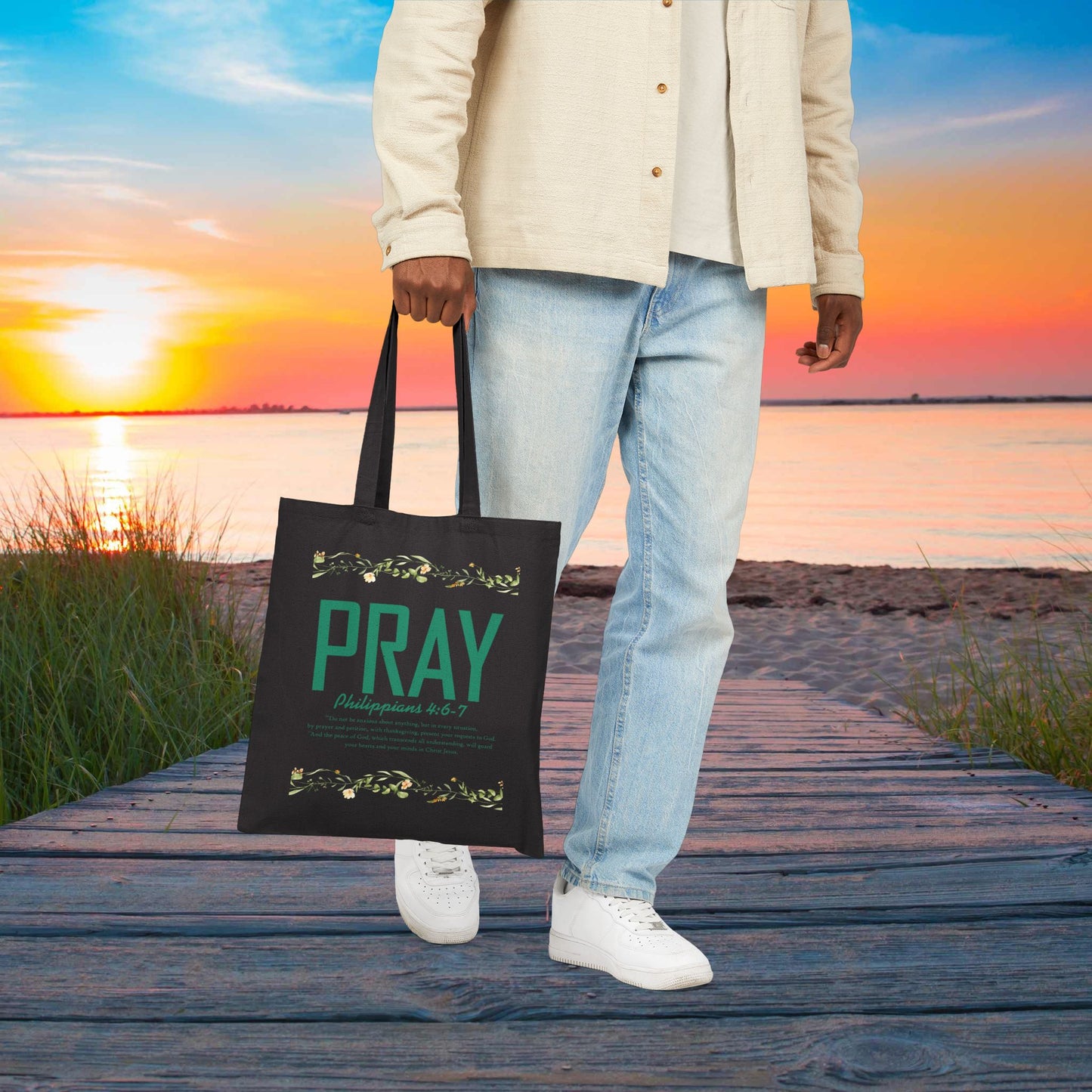 PRAY Canvas Tote Bag — Philippians 4:6-7 Christian Scripture Grocery & Church Bag