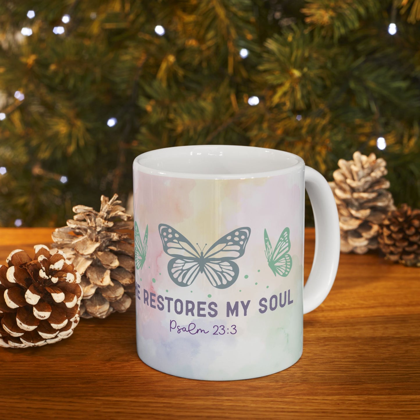 Inspirational Butterfly Ceramic Mug — "He Restores My Soul" Psalm 23:3 (11oz)