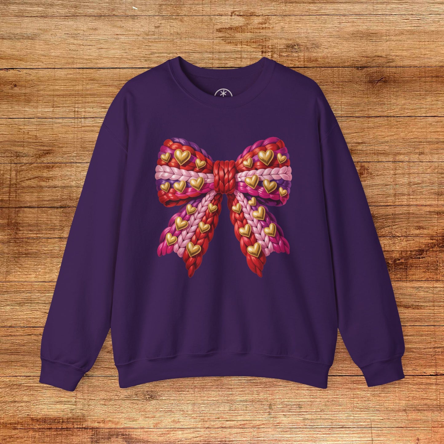 Heart Bow Crewneck Sweatshirt — Faux Crochet Bow Graphic