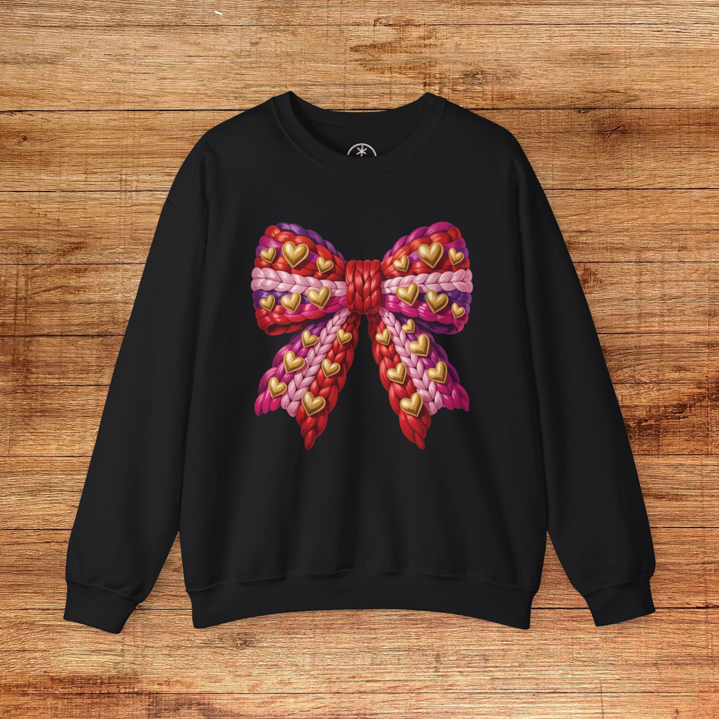 Heart Bow Crewneck Sweatshirt — Faux Crochet Bow Graphic