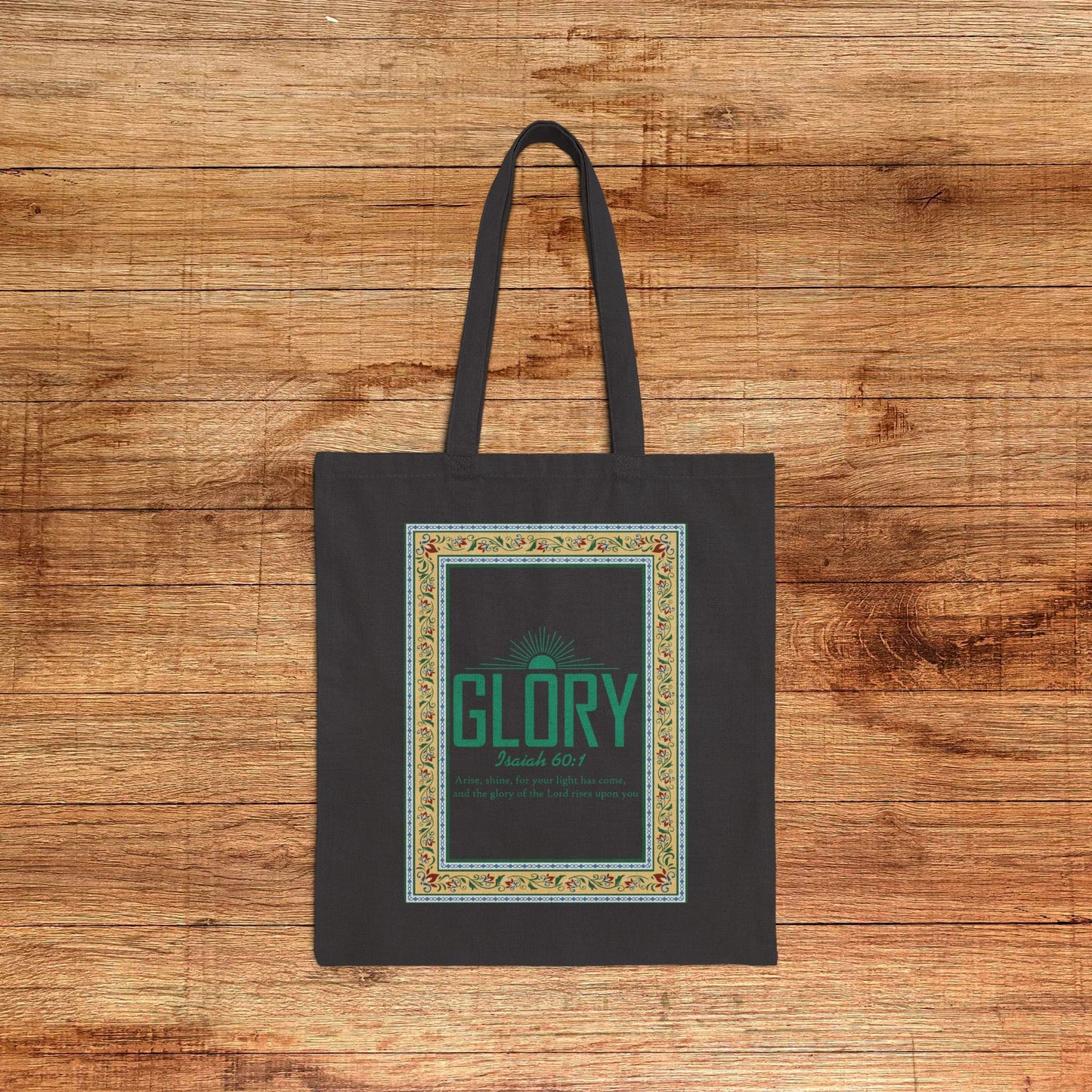 Canvas Tote Bag - "Glory" Vintage Frame Bible Verse Design (Isaiah 60:1)