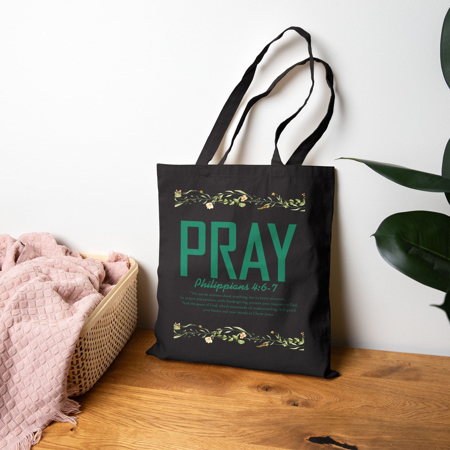 PRAY Canvas Tote Bag — Philippians 4:6-7 Christian Scripture Grocery & Church Bag