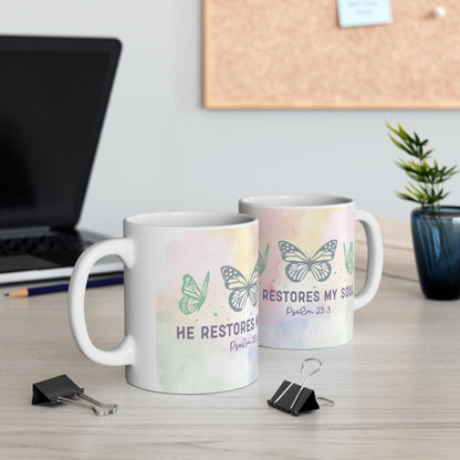 Inspirational Butterfly Ceramic Mug — "He Restores My Soul" Psalm 23:3 (11oz)