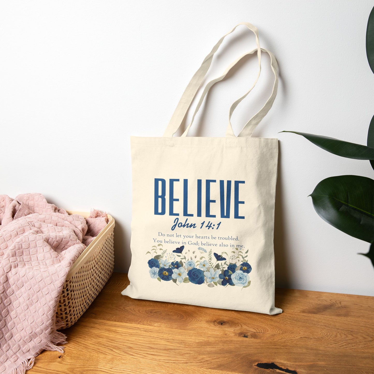 Believe John 14:1 Floral Cotton Tote Bag — Faith-Inspired Scripture Shopper