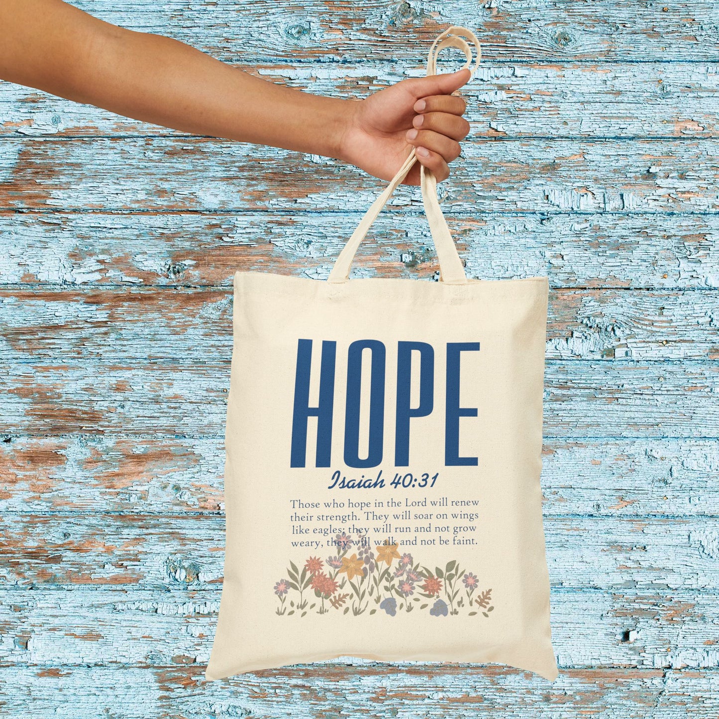Hope Tote Bag — Isaiah 40:31 Scripture Canvas Shopper with Floral Accent