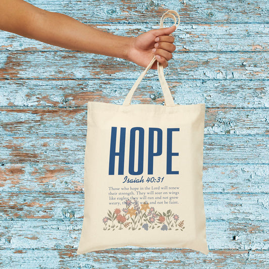Hope Tote Bag — Isaiah 40:31 Scripture Canvas Shopper with Floral Accent