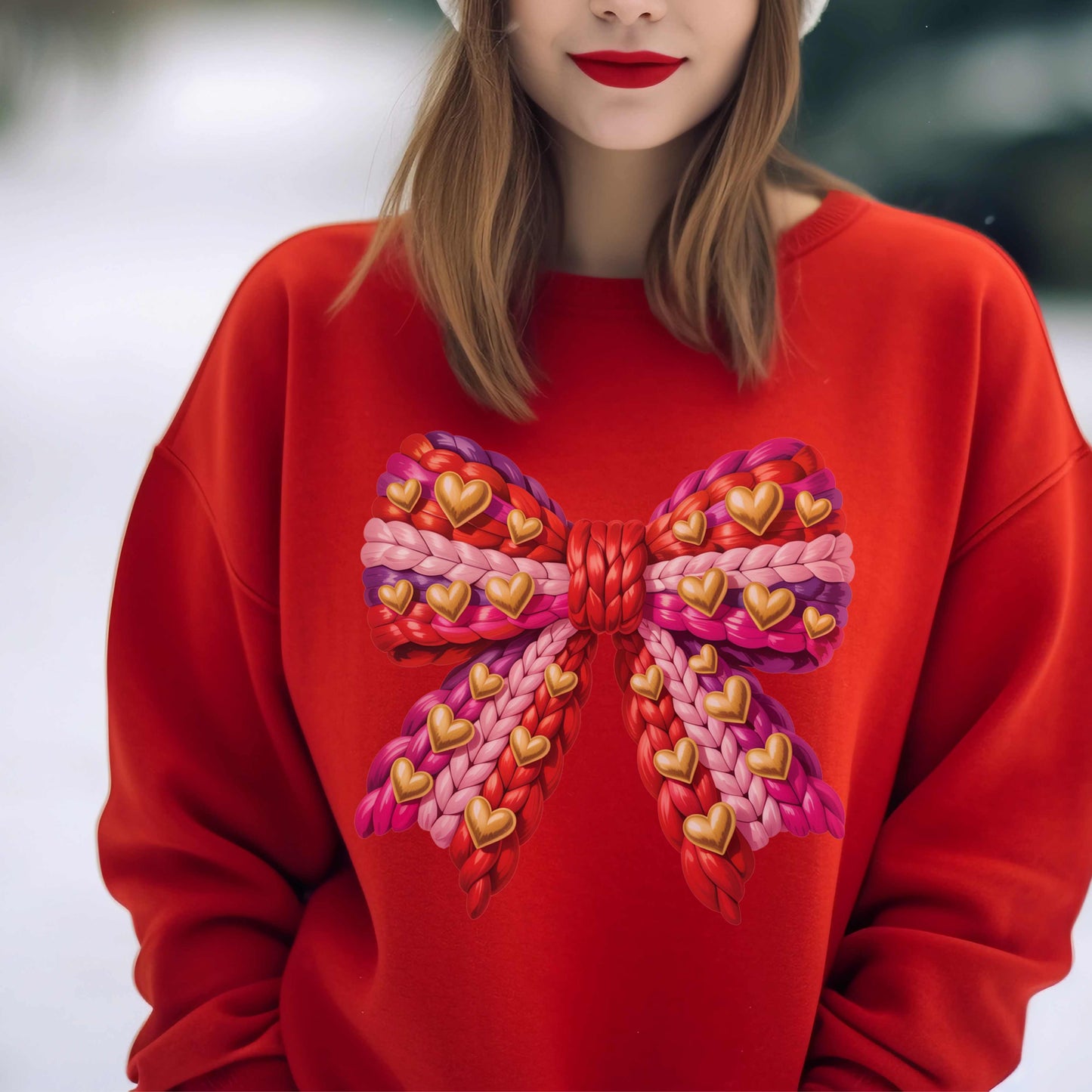 Heart Bow Crewneck Sweatshirt — Faux Crochet Bow Graphic
