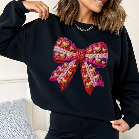 Heart Bow Crewneck Sweatshirt — Faux Crochet Bow Graphic