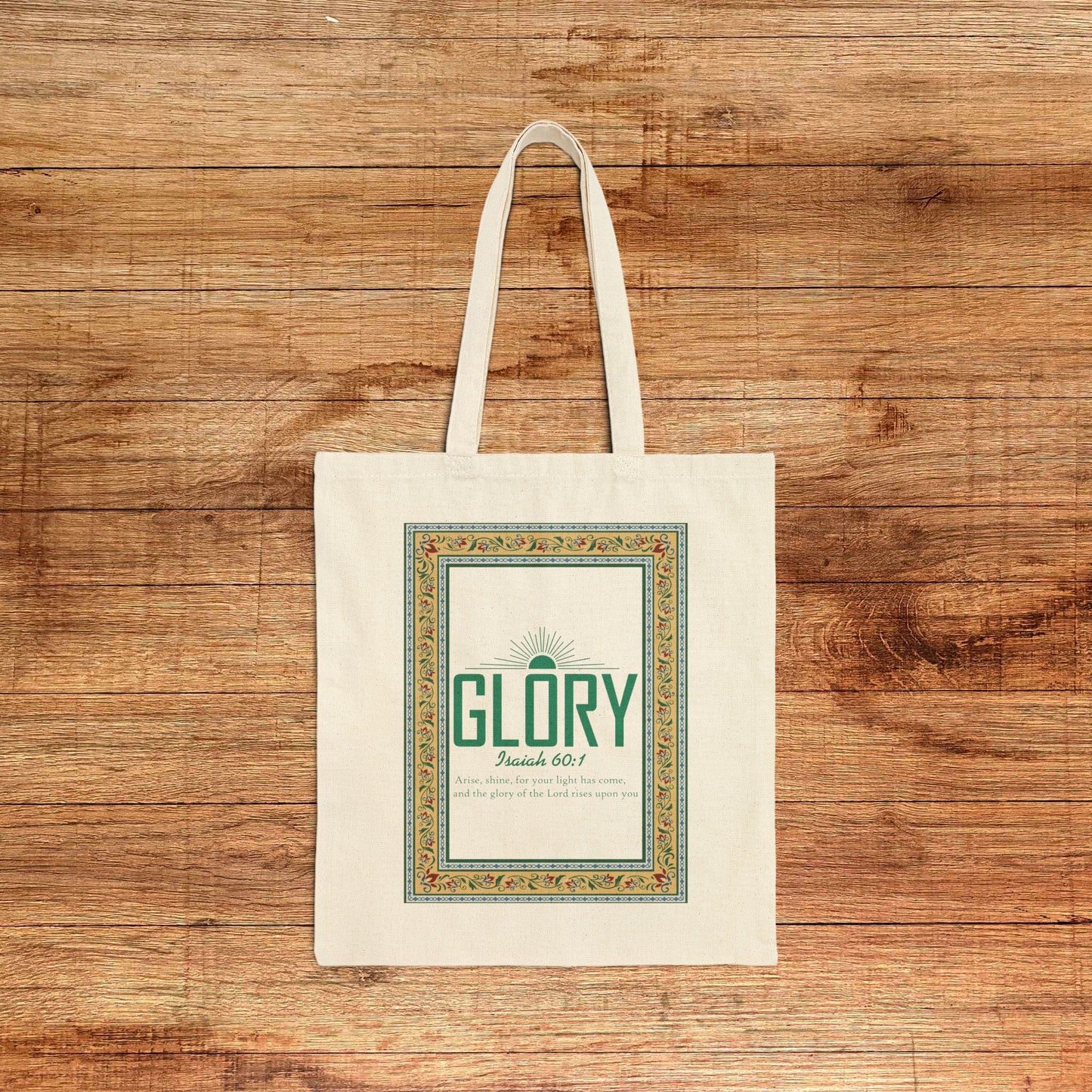 Canvas Tote Bag - "Glory" Vintage Frame Bible Verse Design (Isaiah 60:1)