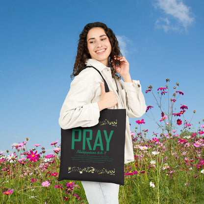 PRAY Canvas Tote Bag — Philippians 4:6-7 Christian Scripture Grocery & Church Bag