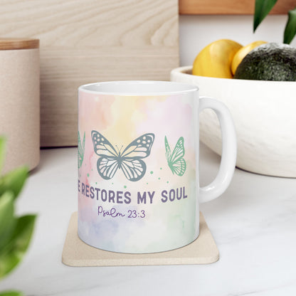 Inspirational Butterfly Ceramic Mug — "He Restores My Soul" Psalm 23:3 (11oz)