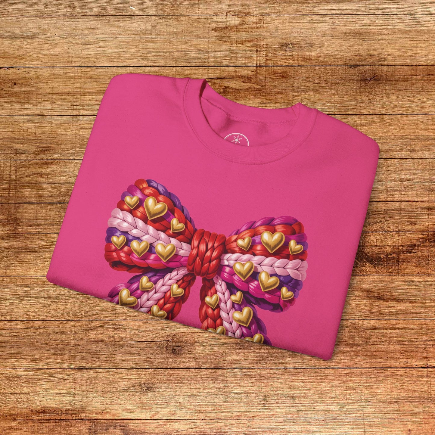 Heart Bow Crewneck Sweatshirt — Faux Crochet Bow Graphic