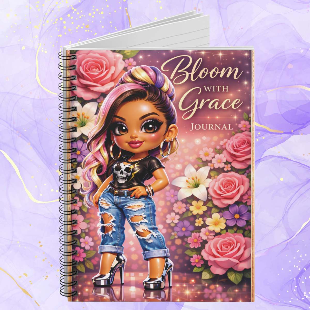 Bloom With Grace Spiral Notebook — Floral Cute Girl Journal, Ruled Lined Notebook