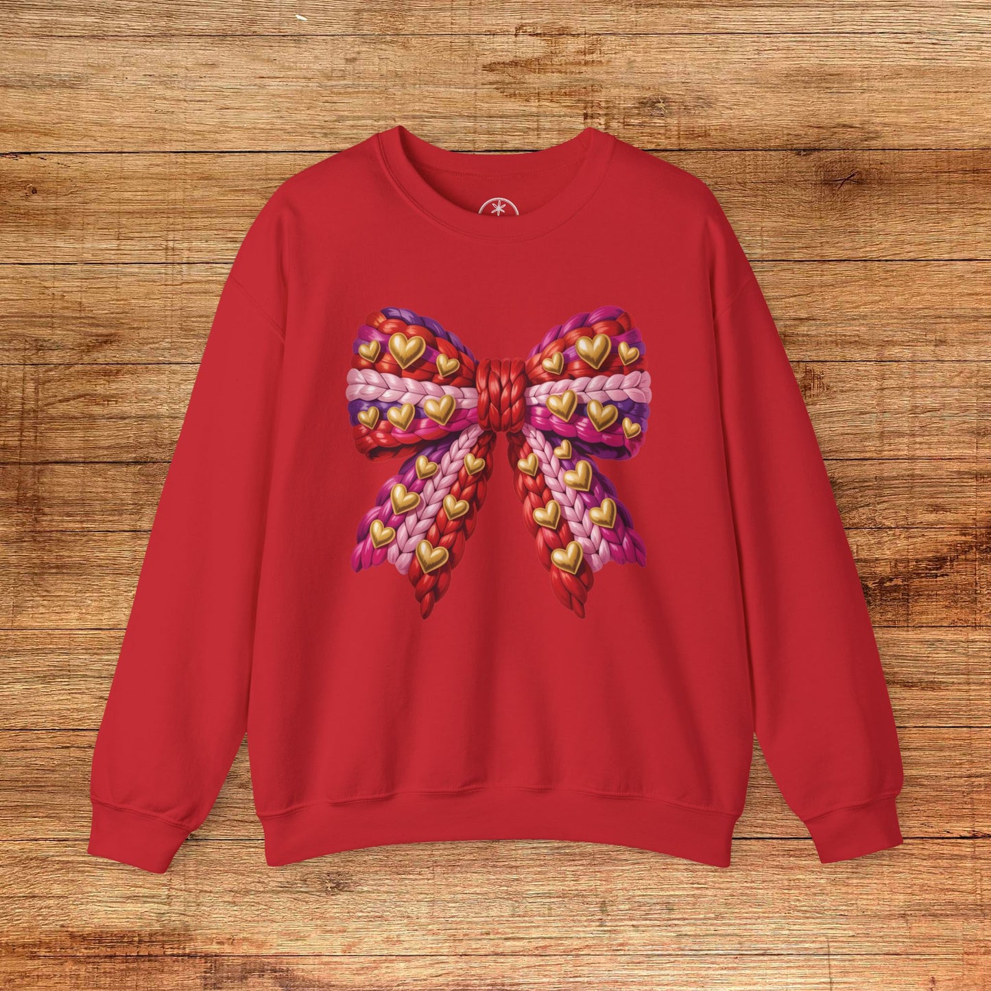 Heart Bow Crewneck Sweatshirt — Faux Crochet Bow Graphic