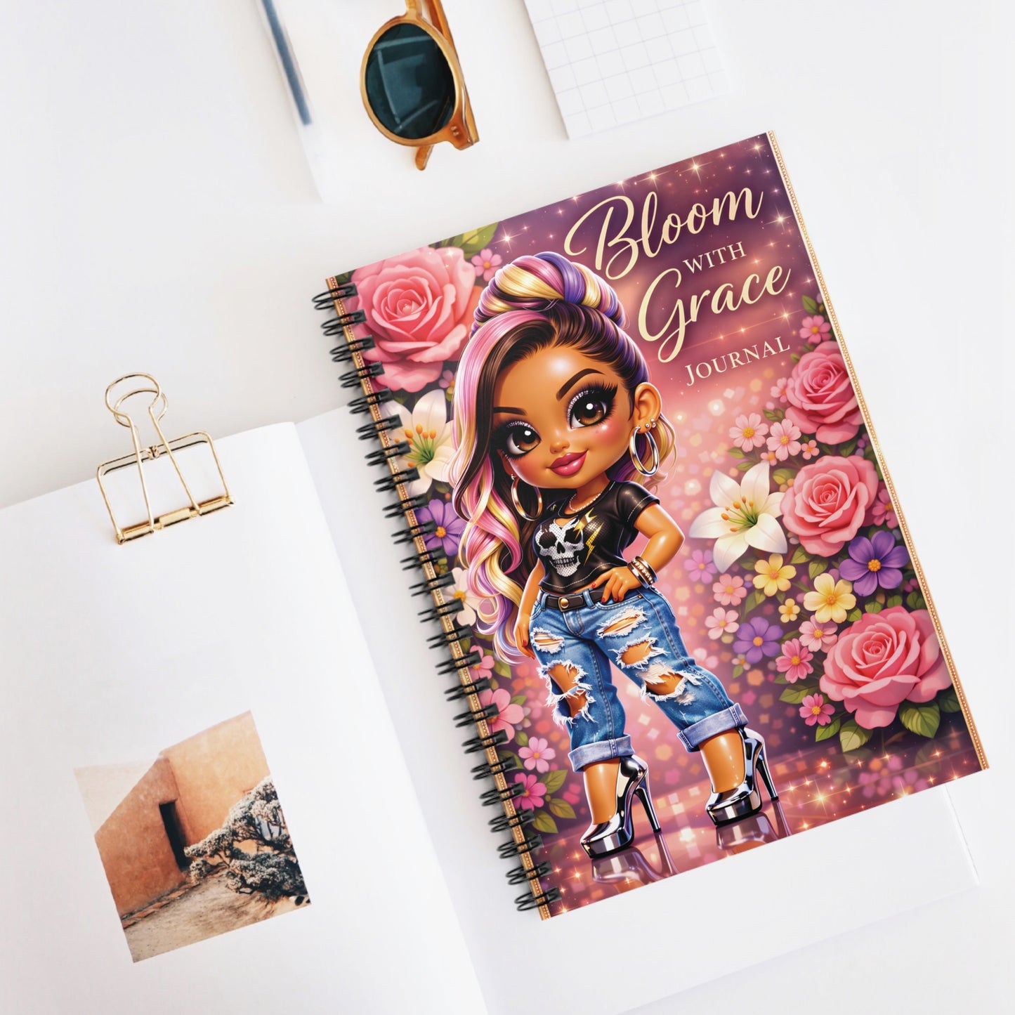 Bloom With Grace Spiral Notebook — Floral Cute Girl Journal, Ruled Lined Notebook