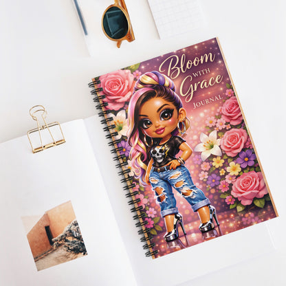 Bloom With Grace Spiral Notebook — Floral Cute Girl Journal, Ruled Lined Notebook