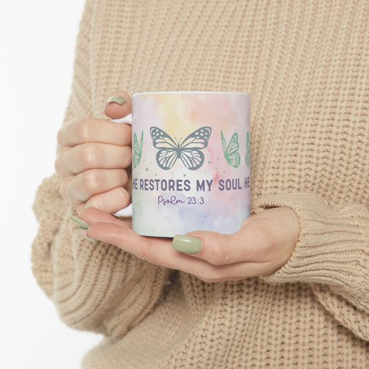 Inspirational Butterfly Ceramic Mug — "He Restores My Soul" Psalm 23:3 (11oz)
