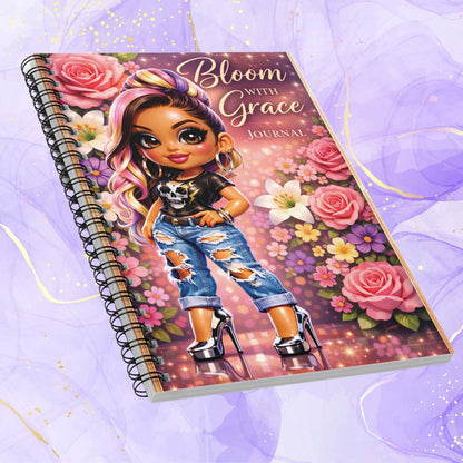 Bloom With Grace Spiral Notebook — Floral Cute Girl Journal, Ruled Lined Notebook