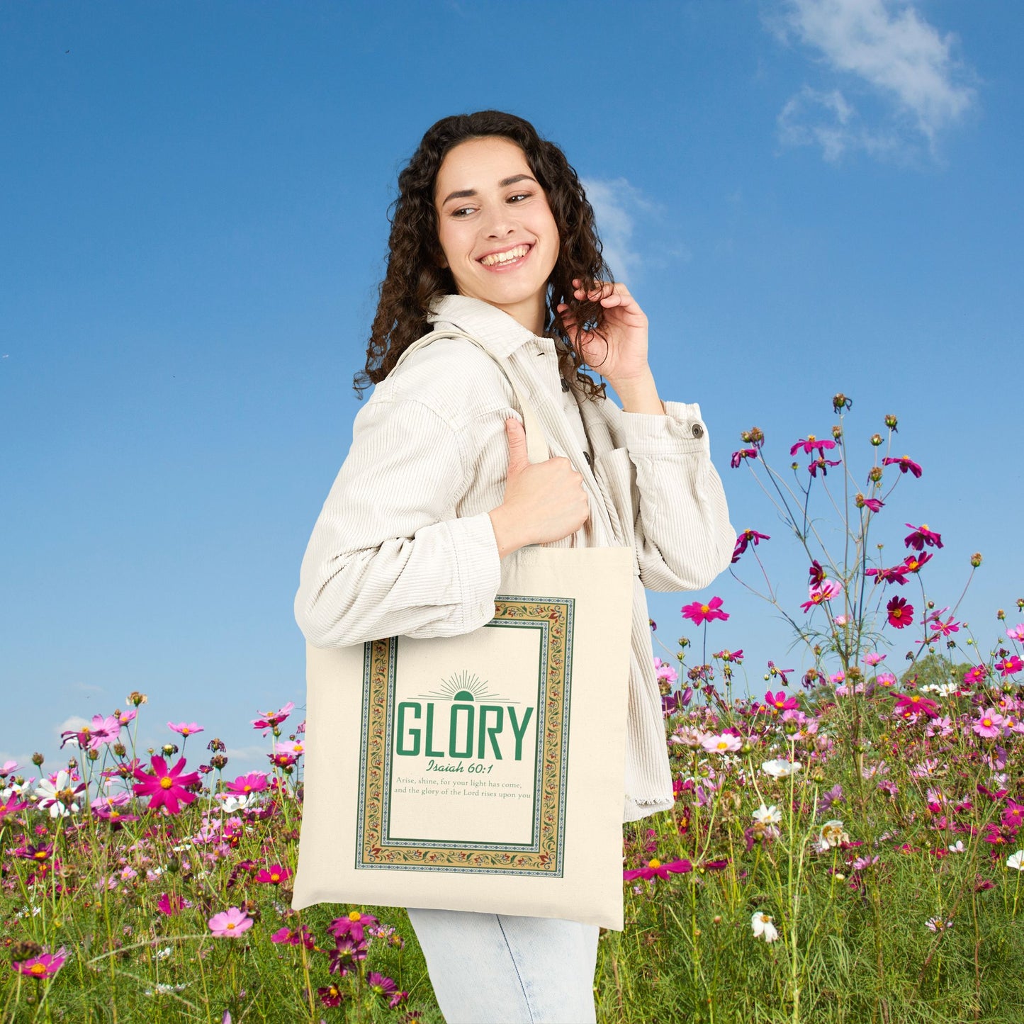 Canvas Tote Bag - "Glory" Vintage Frame Bible Verse Design (Isaiah 60:1)