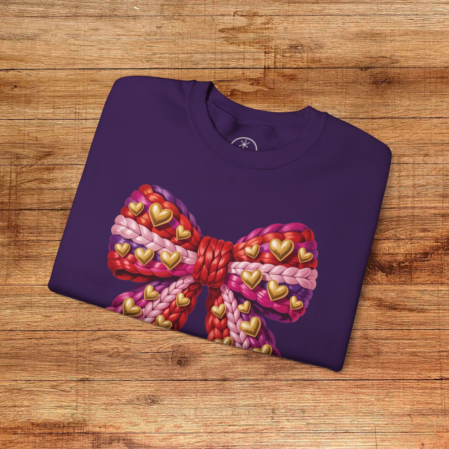 Heart Bow Crewneck Sweatshirt — Faux Crochet Bow Graphic