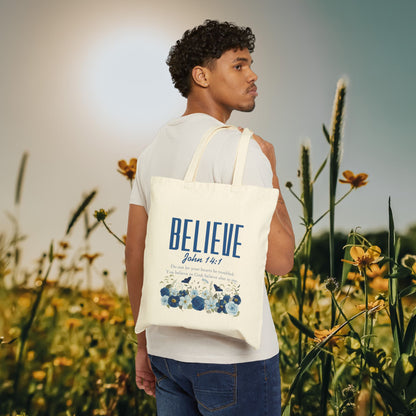 Believe John 14:1 Floral Cotton Tote Bag — Faith-Inspired Scripture Shopper