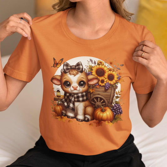 Adorable Fall-Themed Tee featuring Cute Calf with Sunflowers, Harvest Shirt, Autumn Apparel, Thanksgiving Gift, Seasonal Fashion
