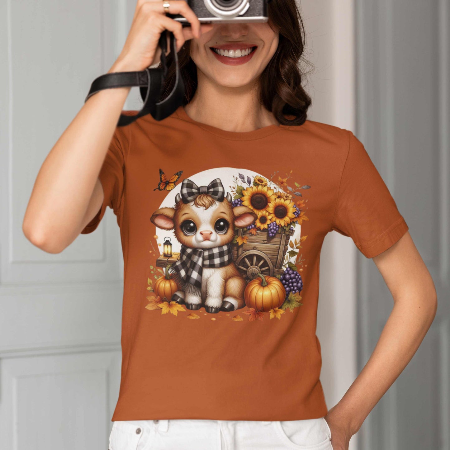 Adorable Fall-Themed Tee featuring Cute Calf with Sunflowers, Harvest Shirt, Autumn Apparel, Thanksgiving Gift, Seasonal Fashion